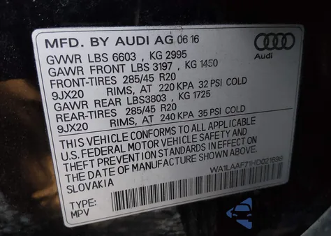 2017 Audi Q7 3.0T Premium from USA, damaged, VIN WA1LAAF71HD021698